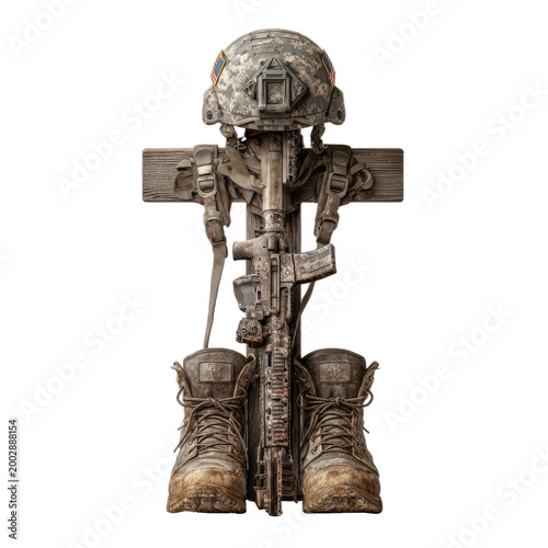 Memorial day battlefield cross memorial png with helmet rifle and boots arranged in honor of fallen soldier on battlefield