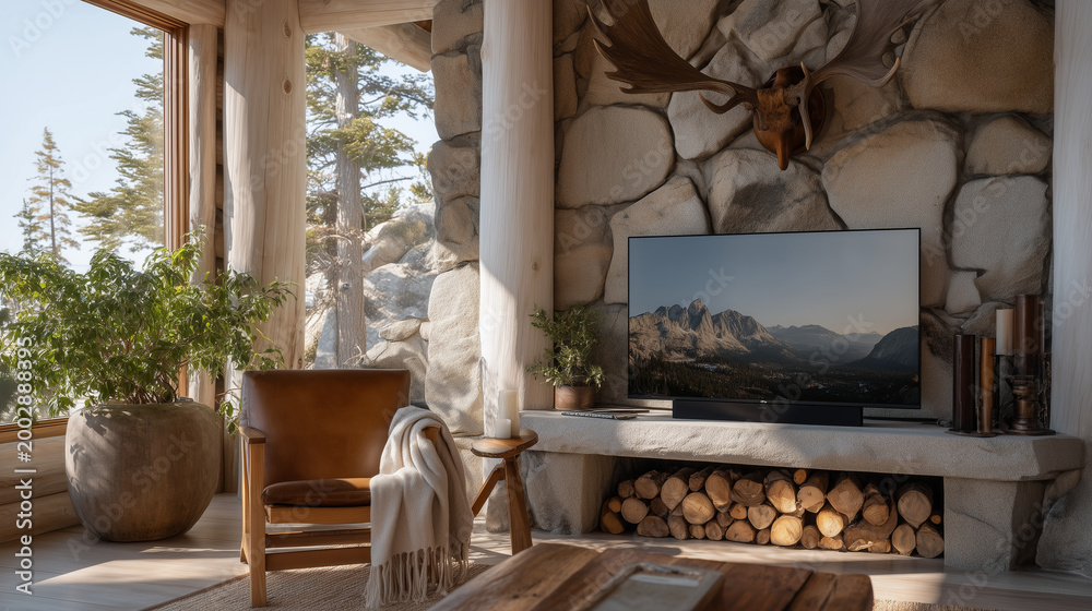 Naklejka premium TV screen app display mockup mounted above a stone fireplace in upscale cabin interior. Elk antler décor on mantle, woolen throw across leather armchair, firewood stacked at hearth edge, skylight be