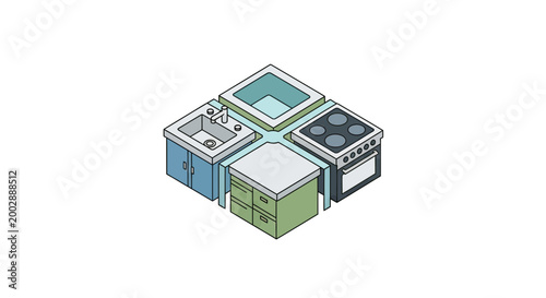 Isometric Vector Illustration of Modern Kitchen Appliances Including Sink, Stove, and Countertop Modules