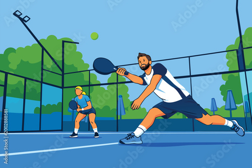 Tennis player hitting a ball with a racket on a court.