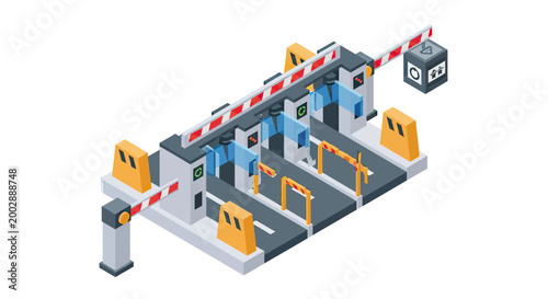 Isometric Highway Toll Plaza and Automated Barrier Gate System for Road Access Control