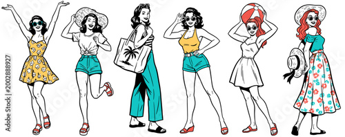 Set of beautiful women in summer outfits and various poses, collection of vintage style female characters for beach and vacation themes vector