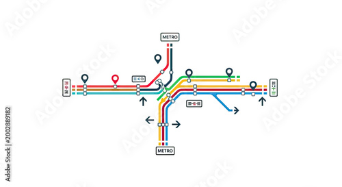 Abstract Metro Subway Map Design with Multi-colored Transit Routes and Navigation Pins