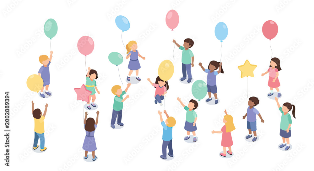 Fototapeta premium Diverse Group of Happy Children Playing with Colorful Helium Balloons, Isometric Flat Vector Illustration of Boys and Girls Celebrating Together