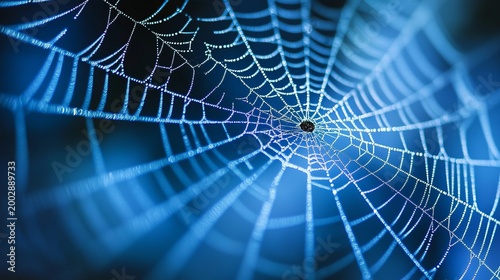 Close Up of an Intricate Spider Web on a Deep Blue Background, Showcasing Nature s Delicate Design