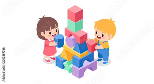 Cute little boy and girl playing with colorful wooden building blocks, early childhood education and creativity concept isometric vector illustration