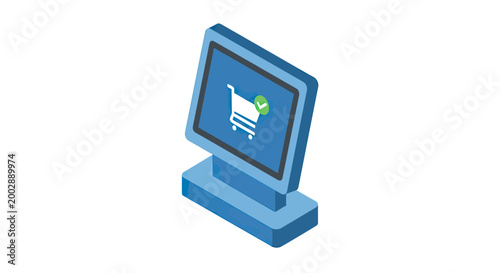 Isometric E-commerce Kiosk Illustration Featuring Nigeria Map and Shopping Cart Icon with Checkmark for Online Retail and Business Concepts