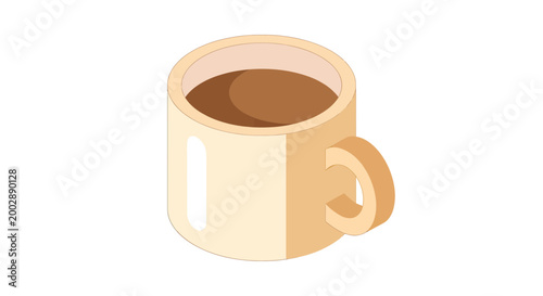 Isometric Mug of Coffee Illustration, Minimalist 3D Vector Icon for Breakfast or Break Time Beverage on White Background