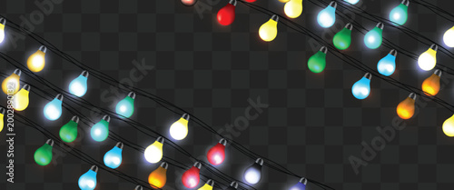  Festive Christmas light multicolored garlands PNG. Decor element for postcards, invitations, backgrounds, business cards. Winter new collection 2026.