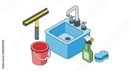Isometric Vector Illustration of Cleaning Supplies Set Including Utility Sink, Bucket, Squeegee, Spray Bottle and Sponge