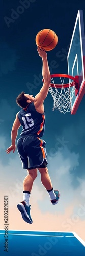 Vector illustration of a basketball player dunking the ball towards the hoop, energy, dynamic
