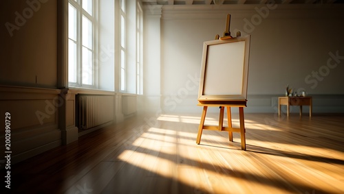 Empty canvas on wooden easel in sunlit art studio room