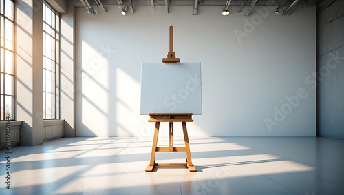 Empty artist studio easel illuminated by bright sunlight through windows