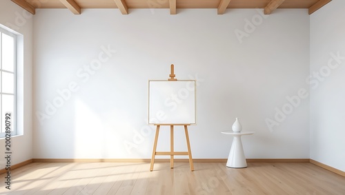 Bright minimalist room with easel and white vase