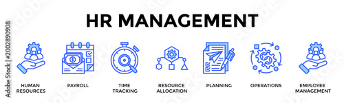 Hr Management  Banner Web  Icon Set Collection Pack Vector Illustration Concept Containing Human Resources, Payroll, Time Tracking, Resource Allocation, Planning, Operations, Employee Management