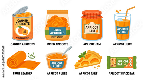 Assortment of various apricot products including canned, dried, jam, juice, fruit leather, puree, tart, and snack bar