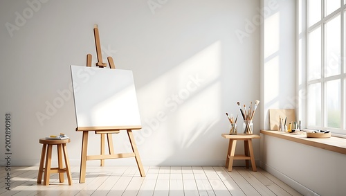 Artists studio with easel and art supplies near window