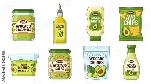 Collection of delicious avocado-based food products including guacamole, oil, mayo, chips, salsa, and dressing