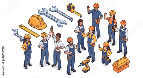 Isometric vector art showcases a diverse group of construction workers in various poses, rendered with clean lines and bright, cheerful colors on a white background to commemorate