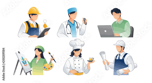 A collection of diverse professional characters celebrates International Labor Day, showcasing various occupations in a vector art style against a clean white background, conveying a sense