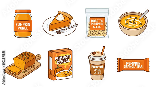 Set of various delicious pumpkin themed food products including pie cereal bread latte seeds and puree in flat design style