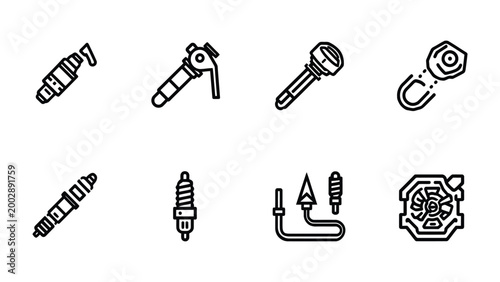 Photos Mechanical Icons: An array of industrial tools and automotive parts are arranged, showcasing an abstract illustration, inviting the viewer into a world of mechanical ingenuity