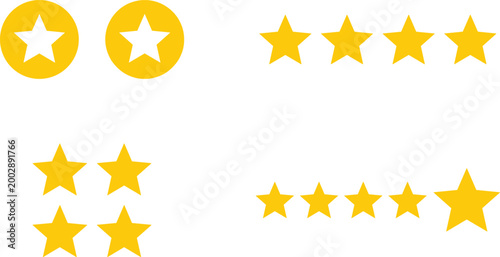 Golden star rating icons set with five star review symbols isolated for feedback scoring and quality evaluation