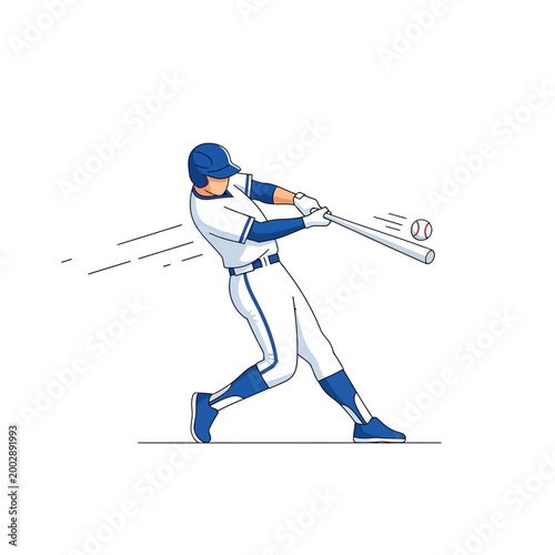 Baseball player swinging bat hitting ball, action shot, dynamic movement, sports illustration