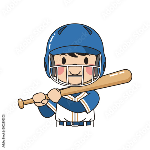 Cute baseball player kid in blue uniform and helmet holding a bat, ready to play