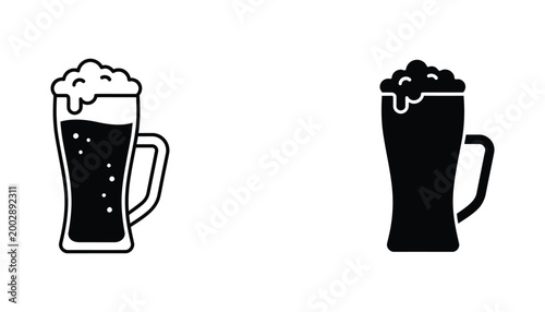 Classic beer mug vector icon with frothy head outline and solid black styles representing beverages and celebration