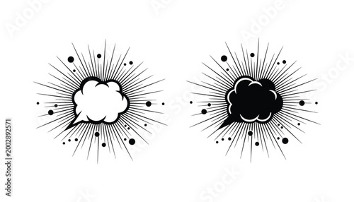 Comic book style speech bubble with explosive sunburst effect and decorative dots in black and white vector illustration
