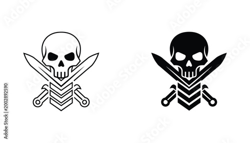 Pirate skull with crossed daggers and chevron insignia vector illustration set for military or gaming