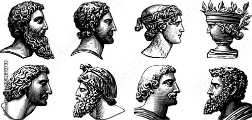 Classical male profiles and decorative vase on white panel