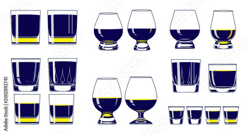 Collection of Dark Liquid in Various Drink Glasses, Minimalist Style