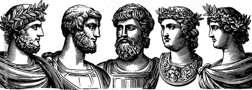 Classical male busts facing left in engraved historical row