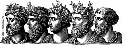 Classical male busts wearing laurel facing left in engraved row