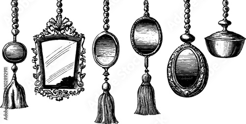 Vintage pendant mirrors and tassels hanging on white background