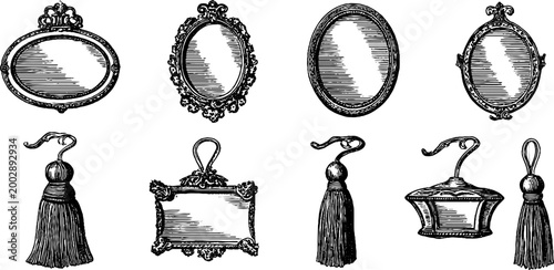 Ornate frames tassels and hanging labels sketched on white