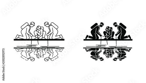 Scuba divers preparing for a dive vector illustration with reflections below on a clean white background