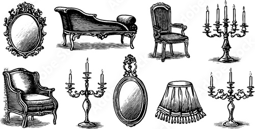 Antique chaise chair candelabras and mirrors on white background