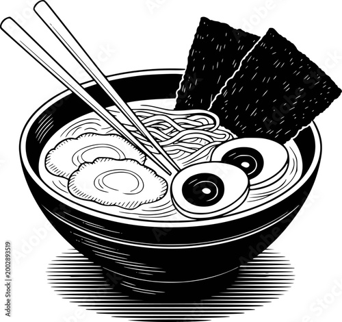 Black and white of a steaming bowl of ramen noodles with eggs and nori food japanese