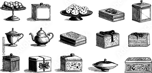 Vintage tea set and decorative boxes arranged on table