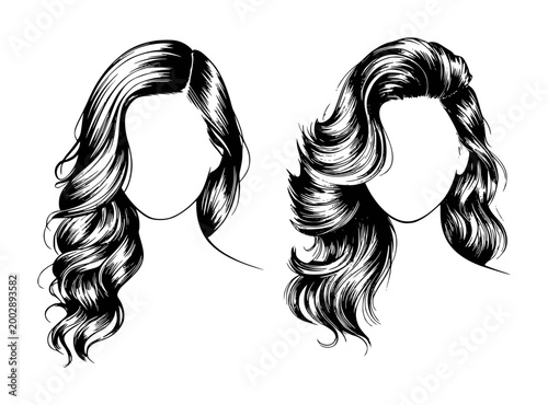 Black and white of wavy hairstyles a white background