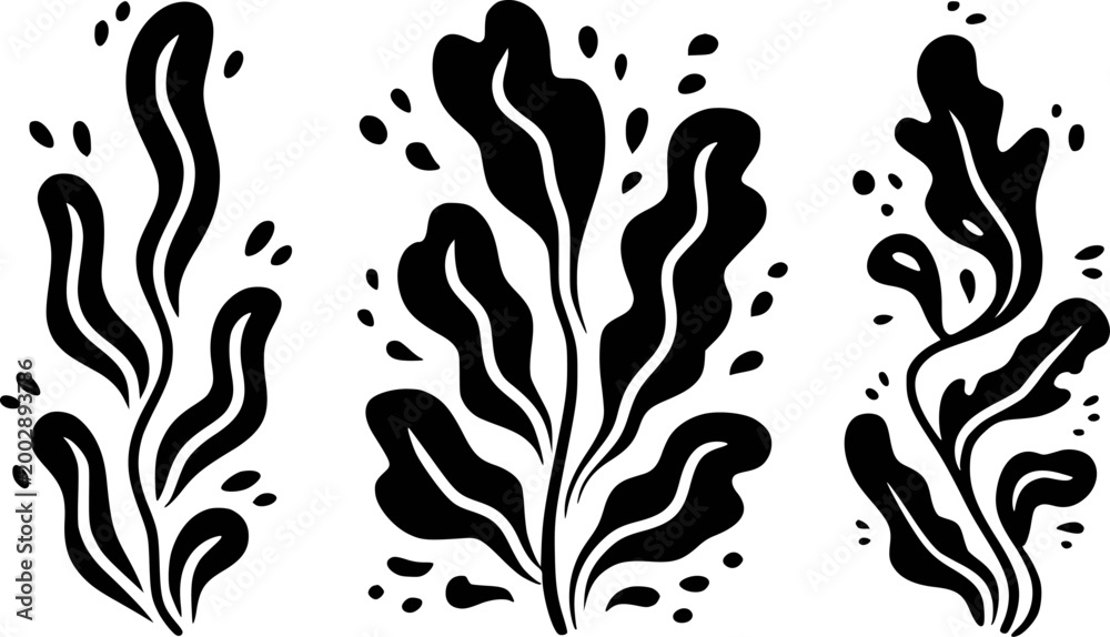 Fototapeta premium Black silhouette of stylized seaweed and bubbles white background, ocean nature underwater