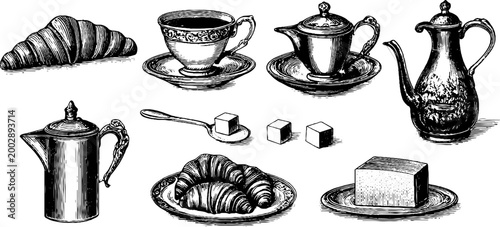Assorted breakfast tableware and pastries displayed on plate