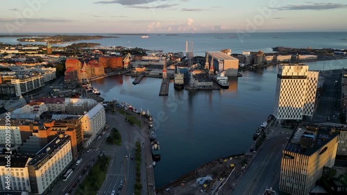 Aerial panoramic view of Jätkäsaarenlaituri and the old harbour port area in Helsinki, Finland.