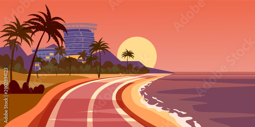 Sunset road trip vacation, coast sea, ocean, palms, resort tropical landscape
