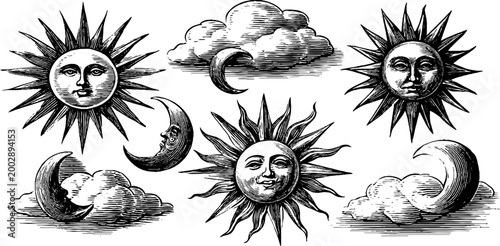 Sun and moon celestial faces among engraved clouds ornamental