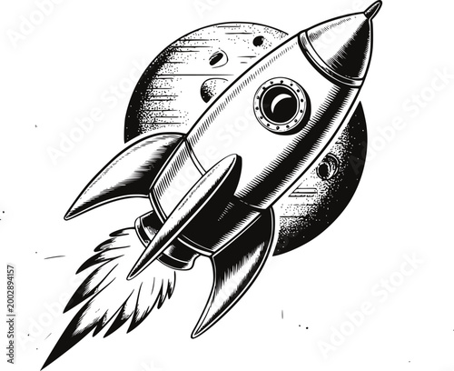 Retro rocket ship blasting off towards a textured moon, vintage space exploration