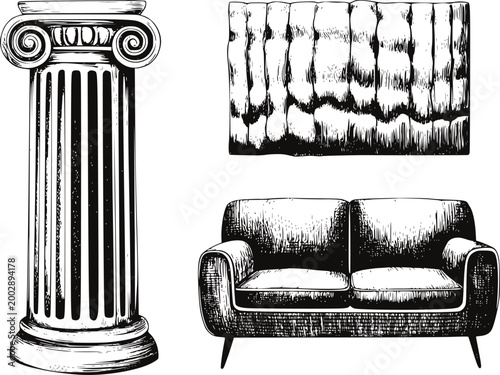 Vintage ionic column, tufted wall panel, and mid-century sofa architecture furniture